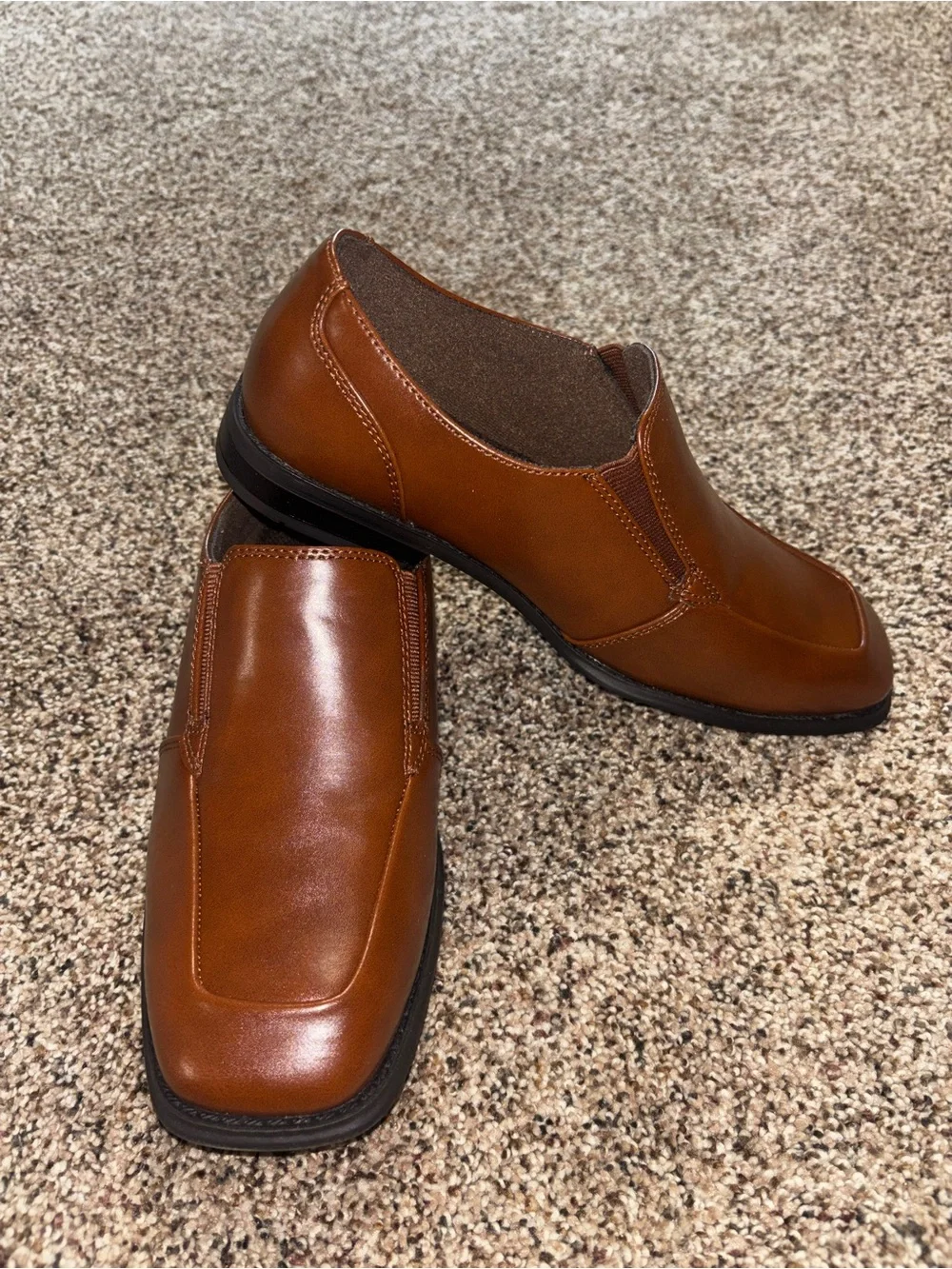 Brown Faux Leather Slip-On Square Toe Dress Shoes Loafers Big Boys Size 6